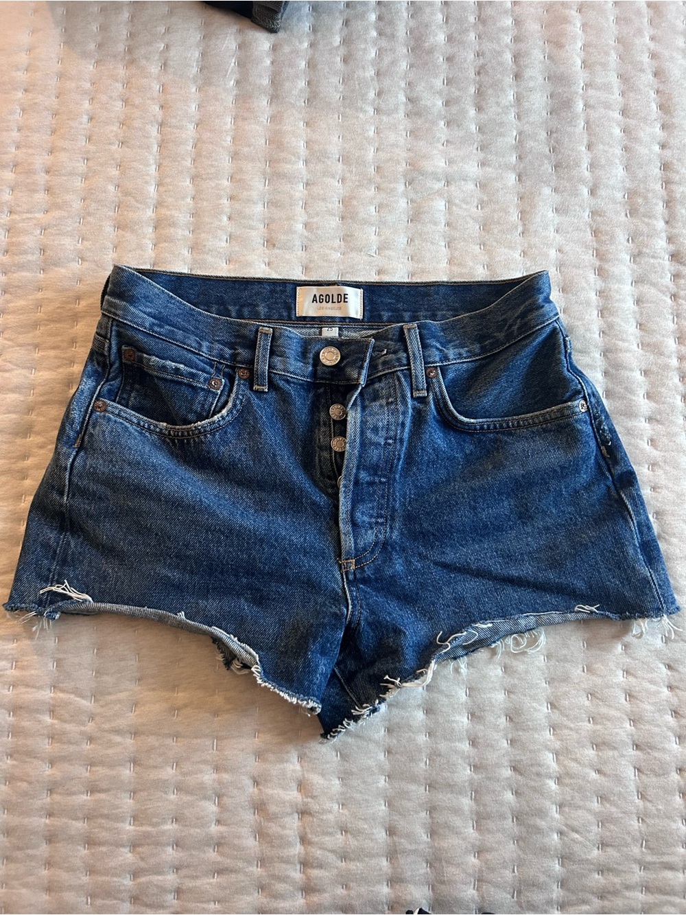 AGOLDE Dark Blue High-Rise Cutoff Denim Shorts